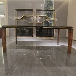 Orange Burl Natural Wood Veneer Dining Table with Gold Stainless Steel Trim